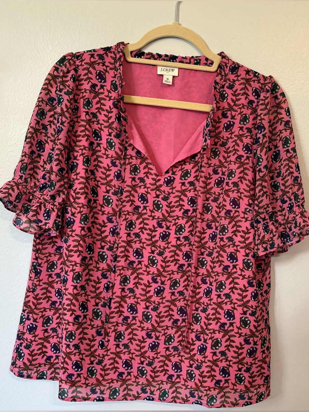 J. Crew Pink Floral V-Neck Ruffle Sleeve Blouse